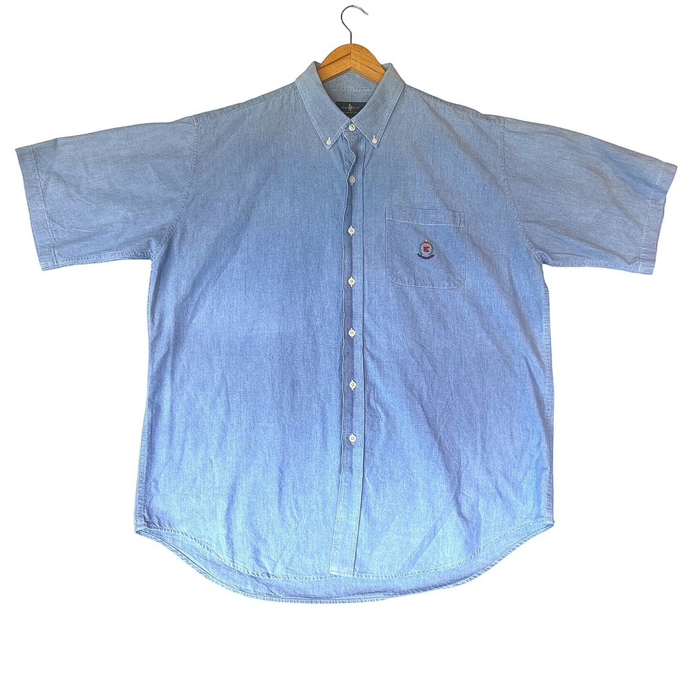 VTG Hunt Club Mens XL Blue Short Sleeve Button Down Shirt Wrinkle Free Crest